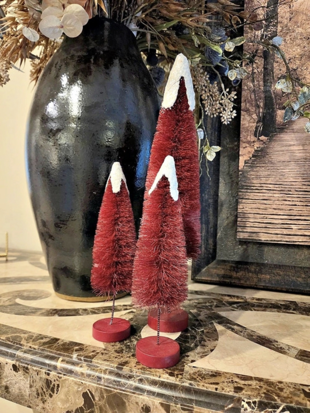 Red & White Christmas Bottle Brush Trees